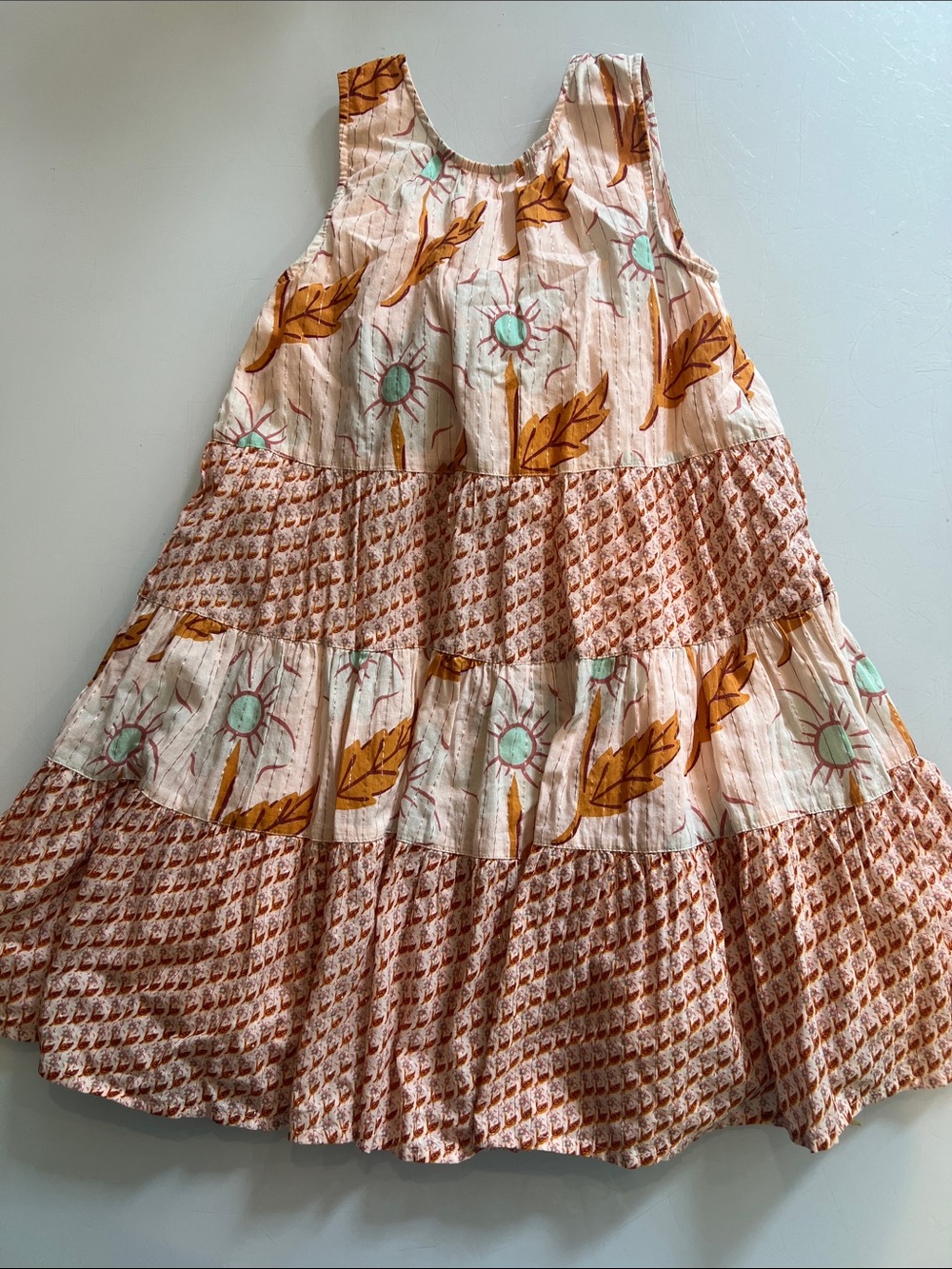 Pink Chicken Peach Leaf Tiered Cotton Dress with Mint Accents